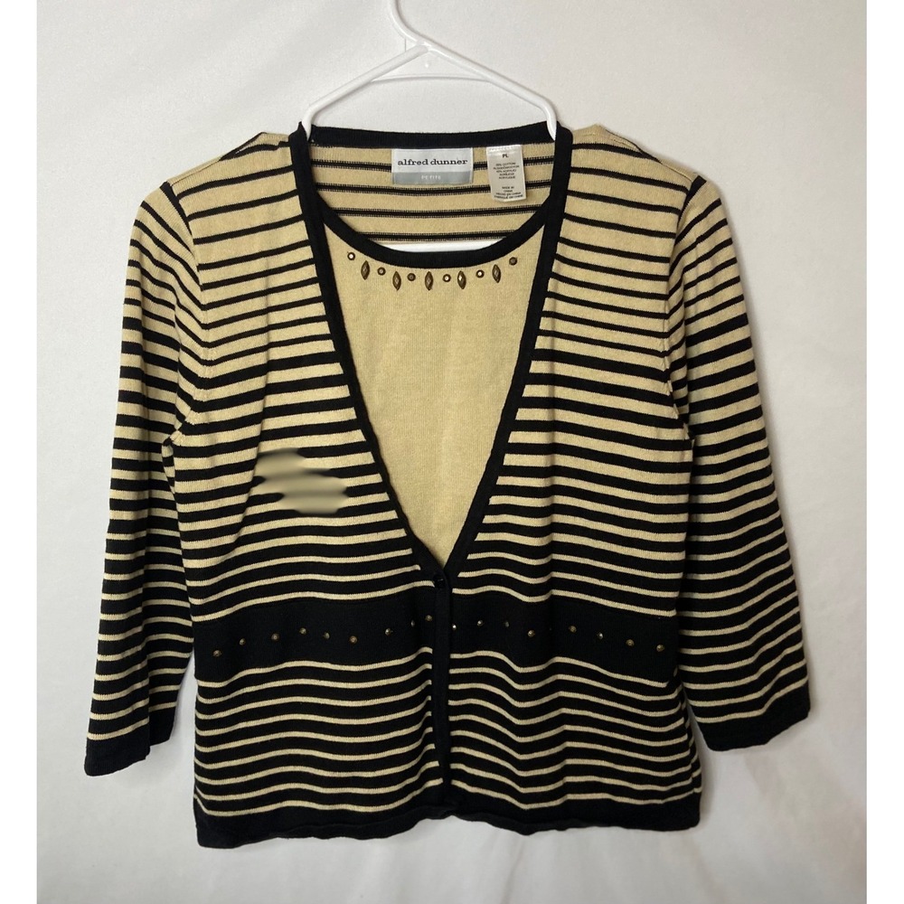 Alfred Dunner Petite Cardigan‎ Sweater Top Tan Black Striped Beaded Size PL - Picture 9 of 9